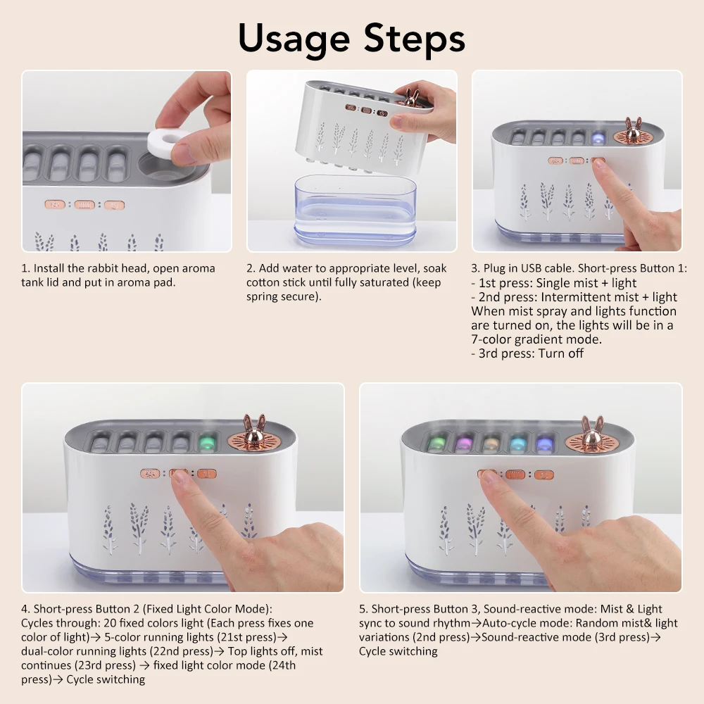 Humidificateur 700ml LED Audio - 5 Buses | Diffuseur Arôme USB + Minuterie | Chambre & Voiture – Image 9